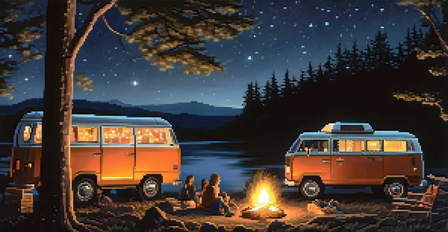 Friends gathered around a campfire at night near a van, with fairy lights and a starry sky above.