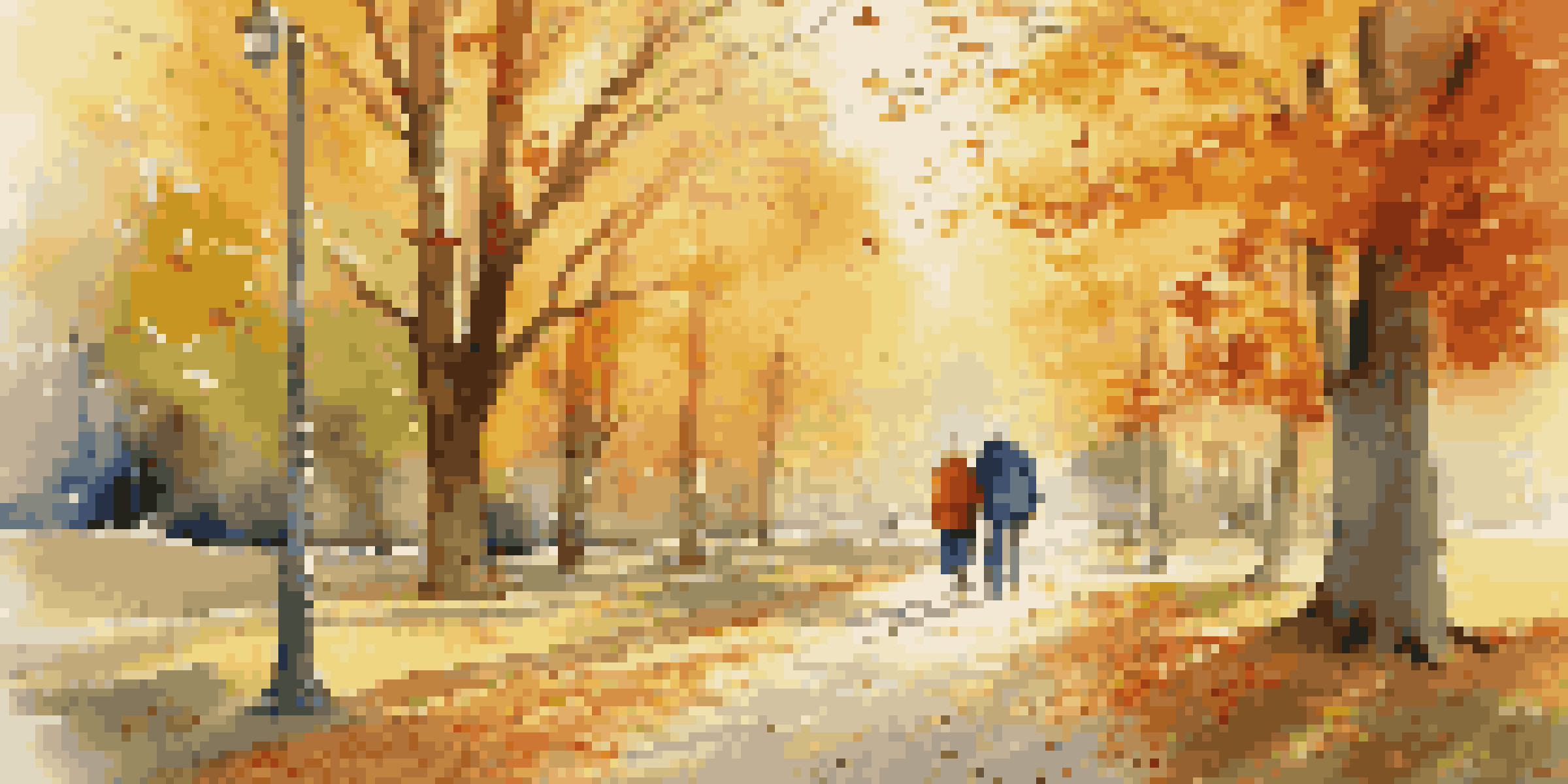 A senior couple walking in a colorful autumn park, one using a walker and the other a cane, surrounded by falling leaves.