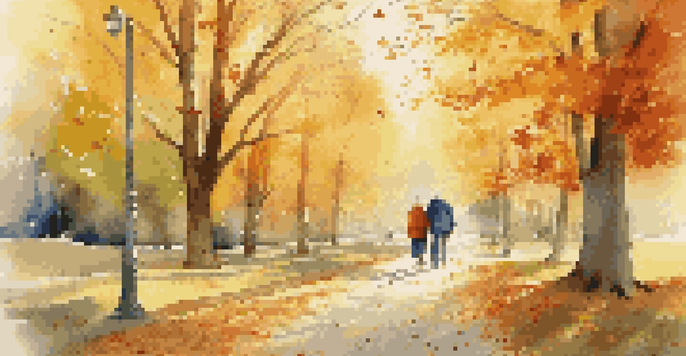 A senior couple walking in a colorful autumn park, one using a walker and the other a cane, surrounded by falling leaves.
