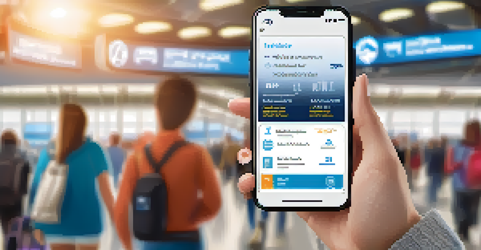 A traveler at the airport holding a smartphone with a travel insurance app, surrounded by luggage.