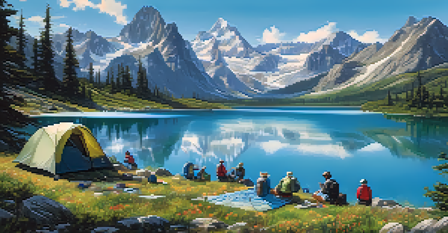 A beautiful mountain landscape with a lake, campers setting up tents, and colorful wildflowers.