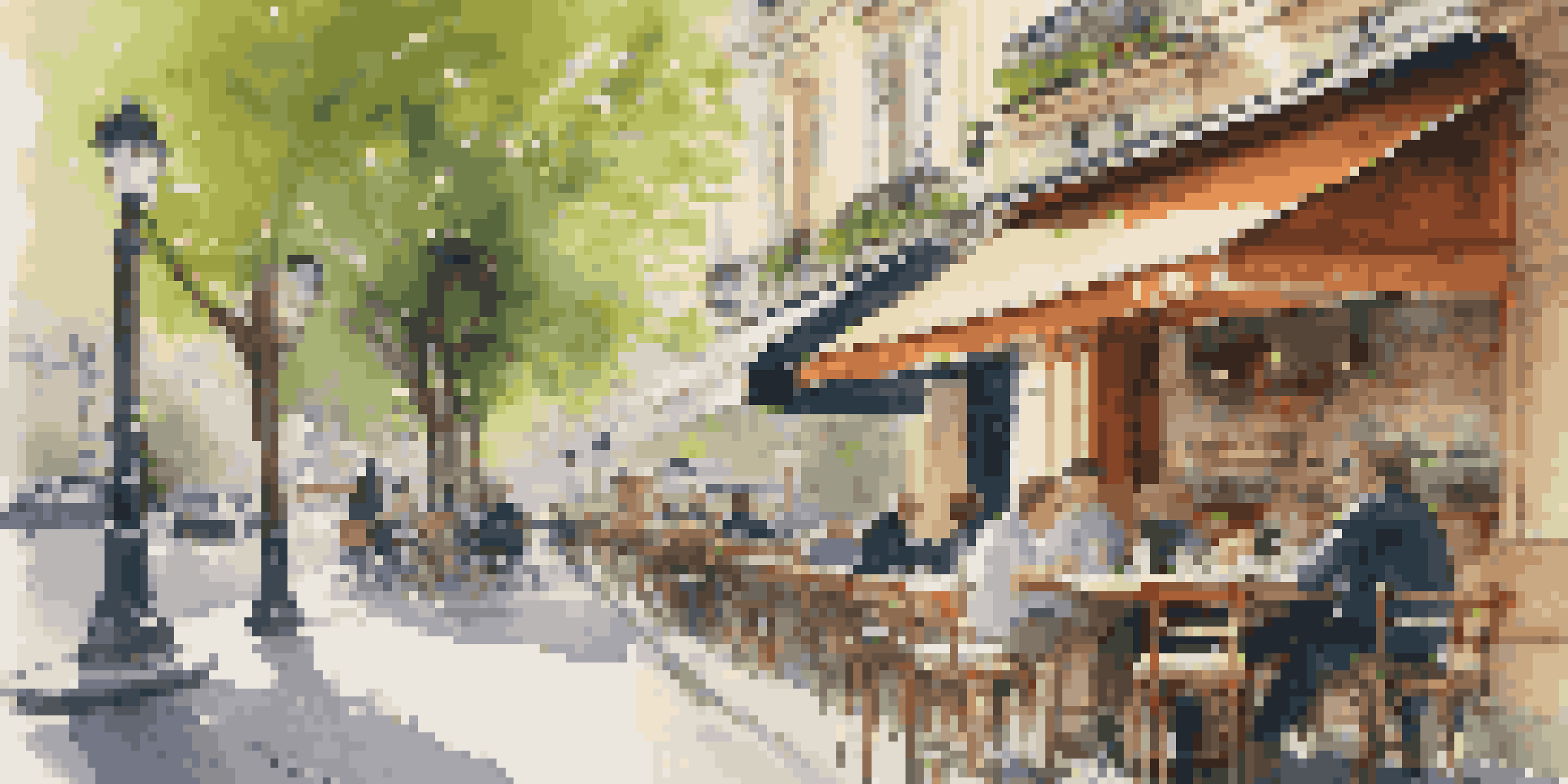 A remote worker at a café in Paris, working on a laptop while enjoying coffee, surrounded by beautiful architecture and greenery.
