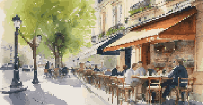 A remote worker at a café in Paris, working on a laptop while enjoying coffee, surrounded by beautiful architecture and greenery.