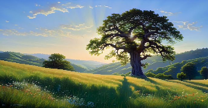 A large oak tree in a green meadow with sunlight shining through its leaves and rolling hills in the background.