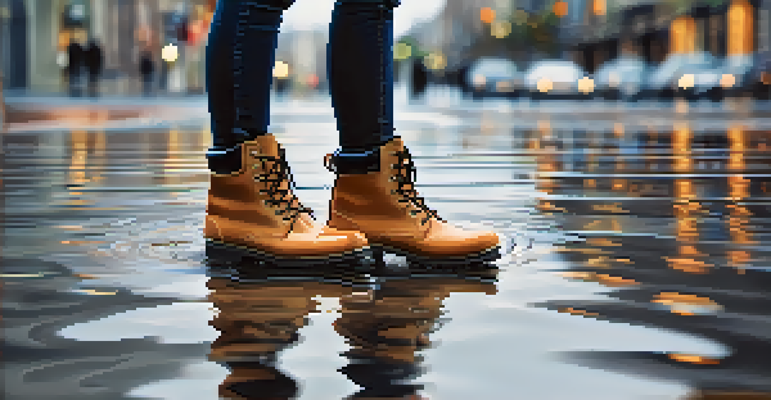 Close-up of stylish waterproof boots in a puddle on a city street during rain, with ripples around the boots.