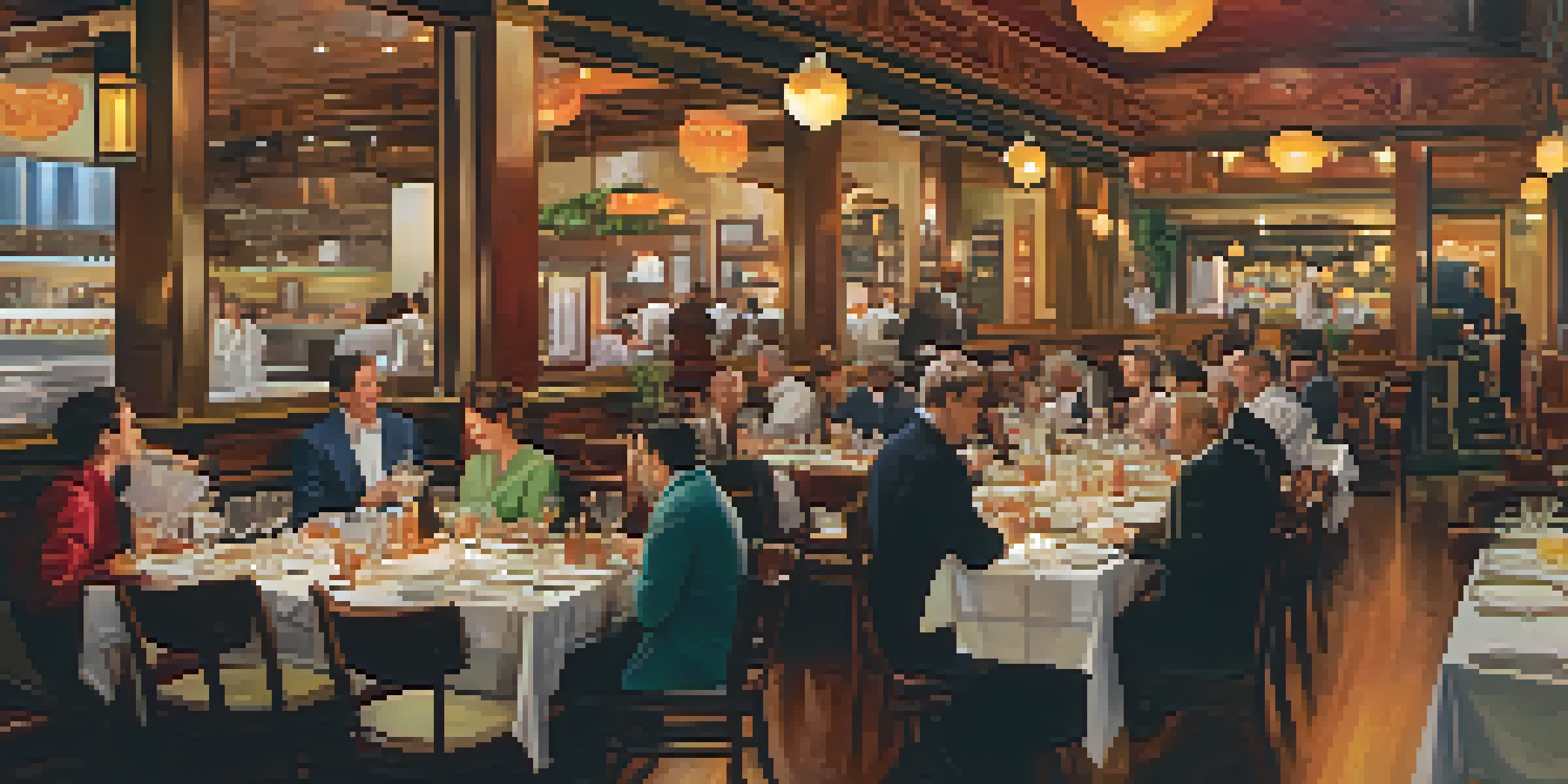 A busy restaurant with diners at tables, waitstaff serving meals, and a cozy atmosphere with warm lighting.