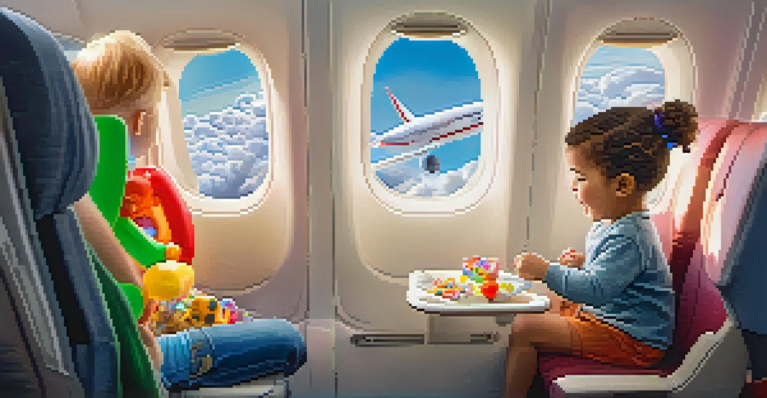 A child playing with a puzzle on an airplane, with a view of clouds outside the window.