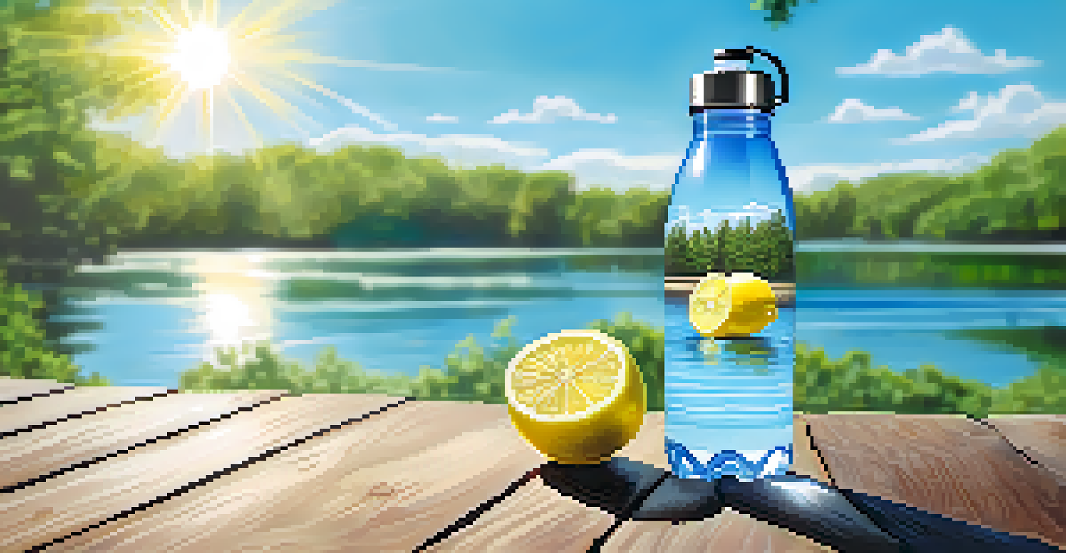 A reusable water bottle with lemon water on a wooden table surrounded by greenery.