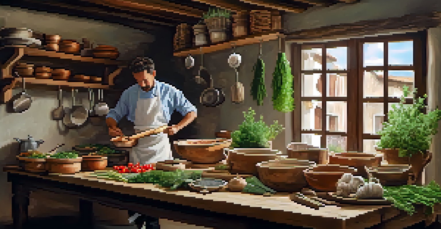 A traveler participating in a cooking class in Italy, learning from a chef in a cozy kitchen filled with herbs and ingredients.