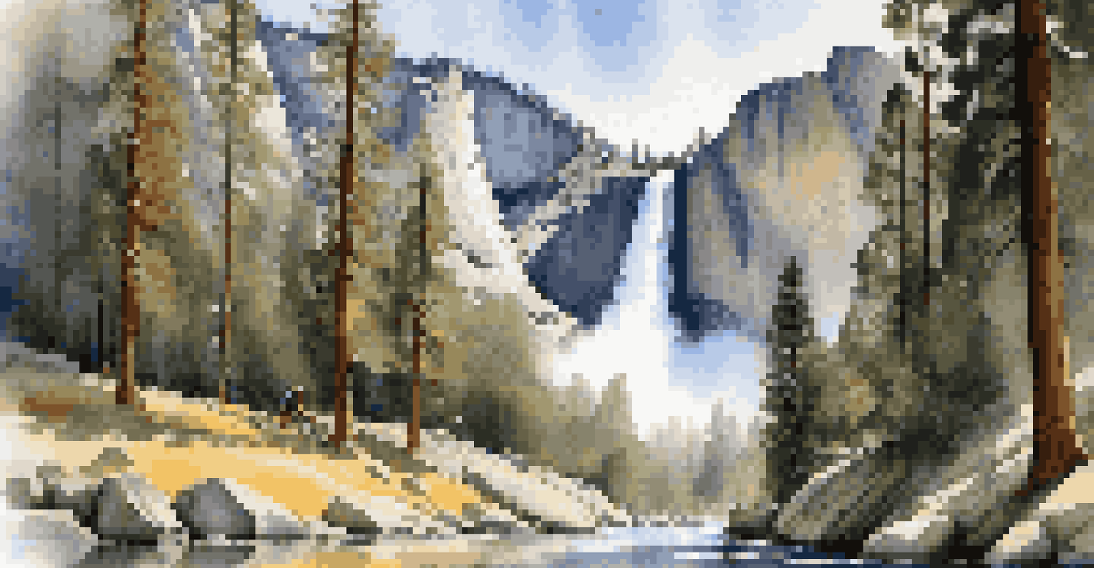 A cyclist in front of a stunning waterfall in Yosemite National Park.