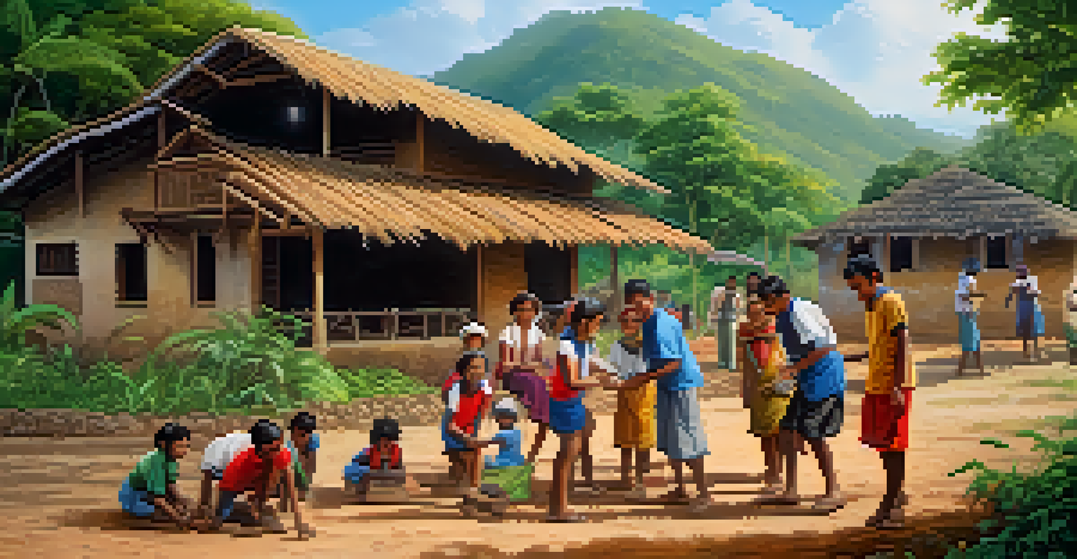 Travelers and local children working together to build a school in a rural village, surrounded by greenery and traditional houses.
