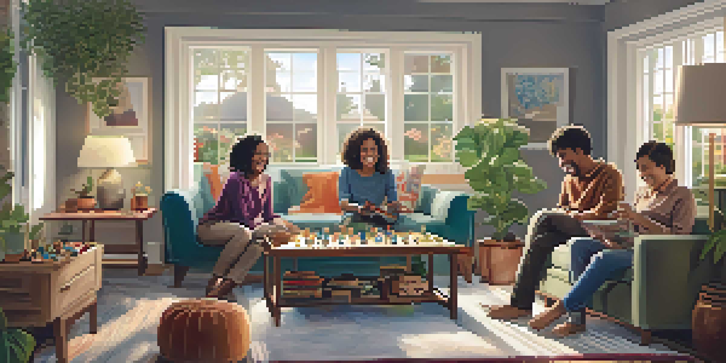 A diverse family enjoying a board game in a cozy living room, with warm lighting and family photos on the walls.