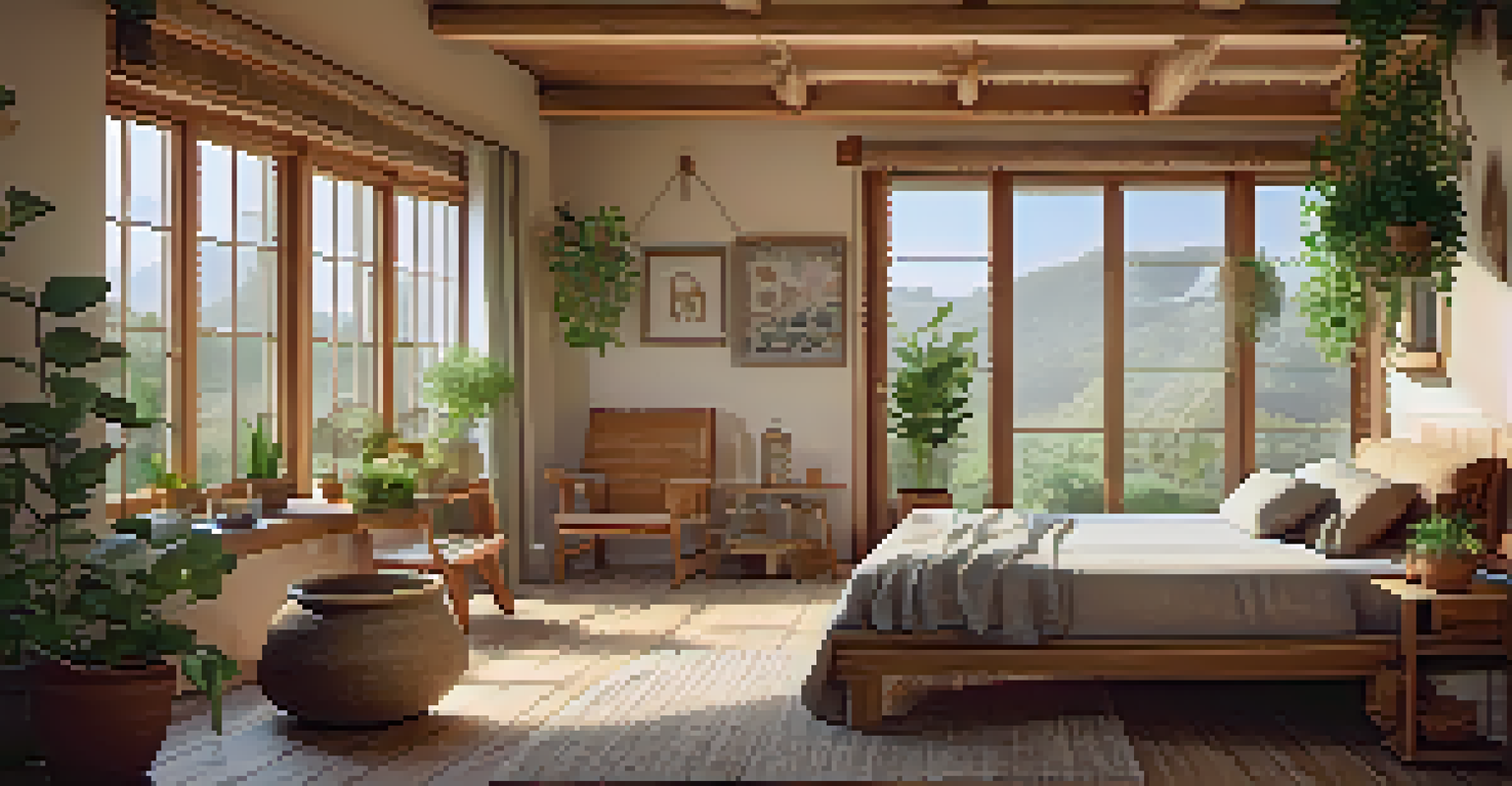 A warm and inviting interior of an eco-friendly accommodation with organic bedding and natural decor.
