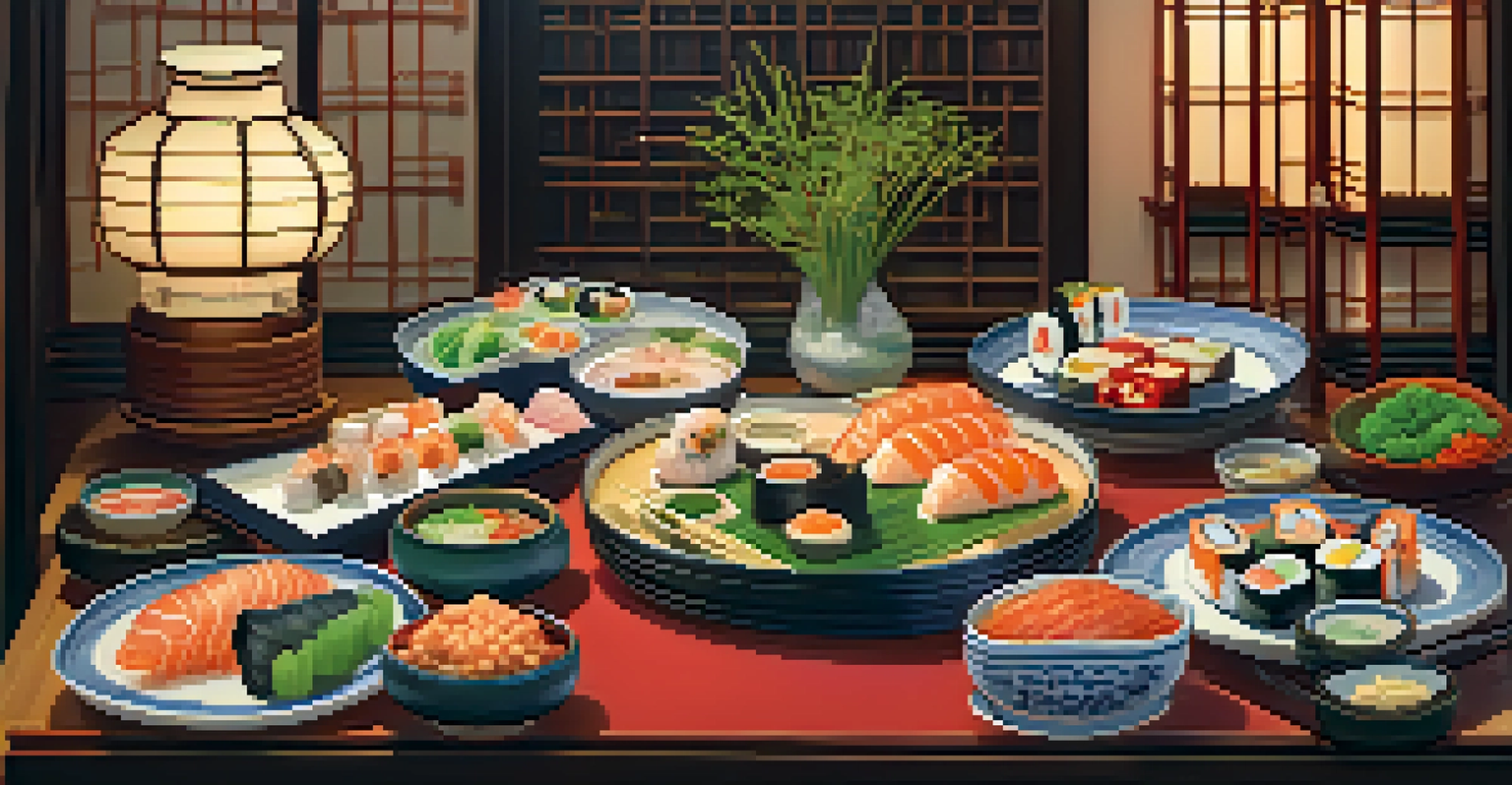 A round dining table overflowing with vibrant Asian dishes, chopsticks at the ready, surrounded by warm ambient lighting.