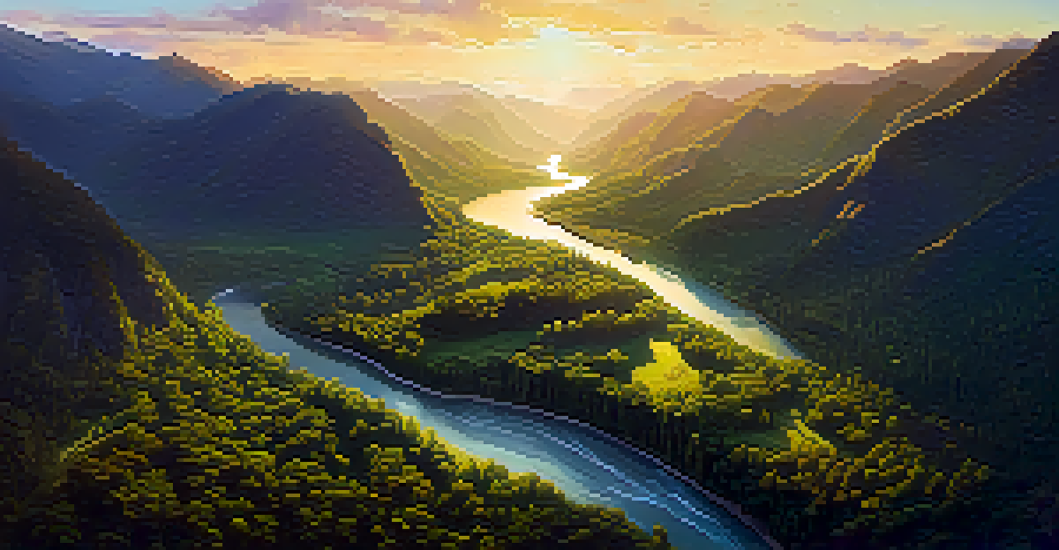 Aerial view of a national park with green forests, winding rivers, and mountains during golden hour.