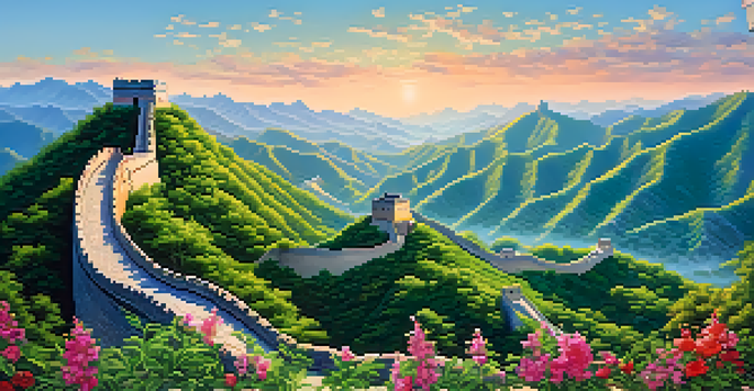 A panoramic view of the Great Wall of China stretching across verdant hills and mountains, with colorful wildflowers in the foreground.