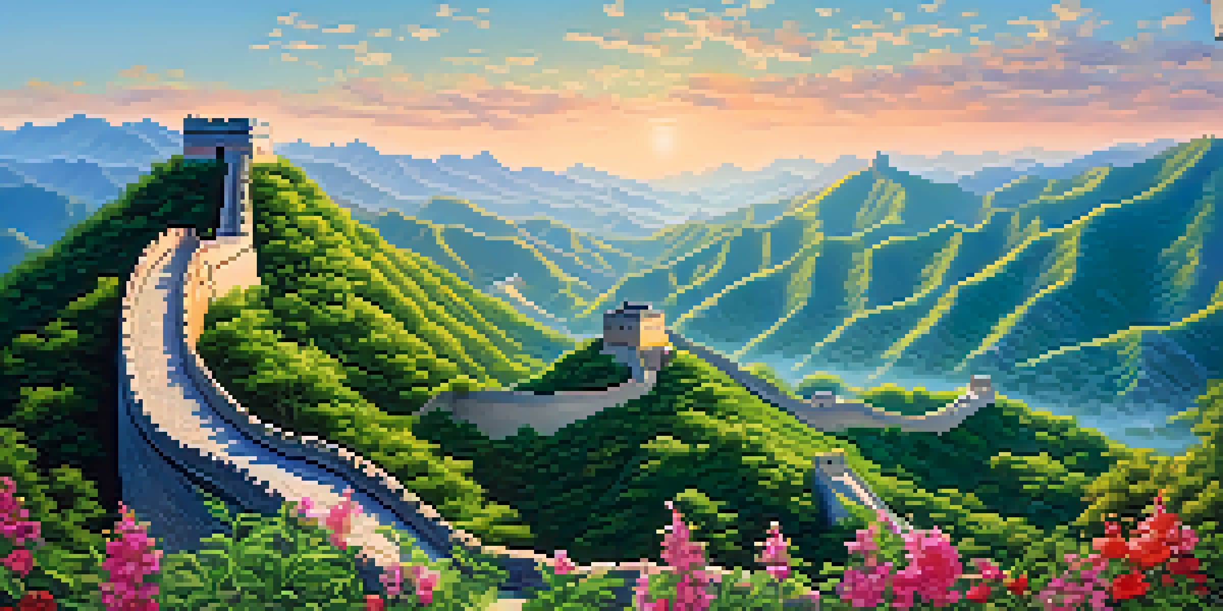 A panoramic view of the Great Wall of China stretching across verdant hills and mountains, with colorful wildflowers in the foreground.