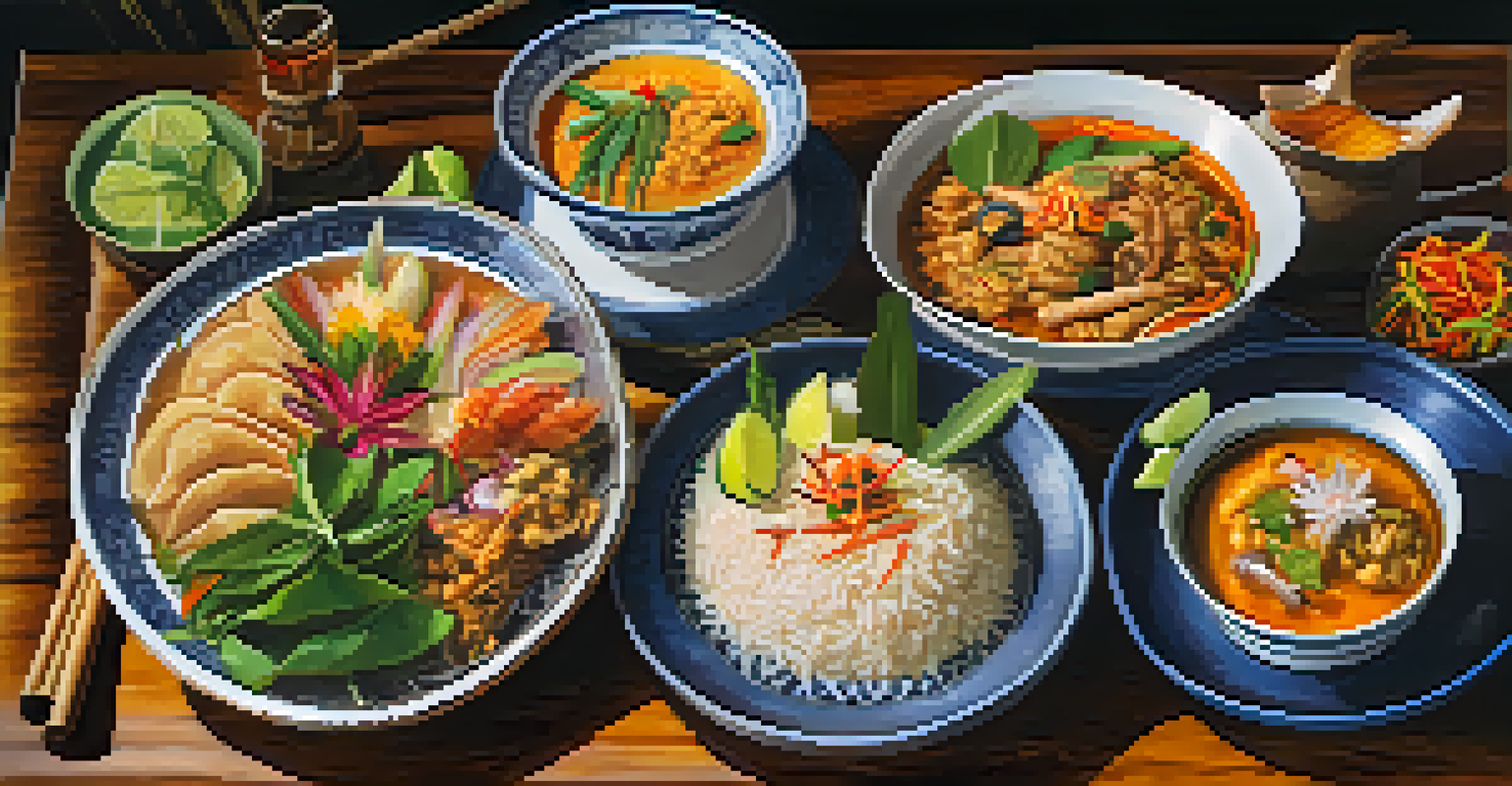 A colorful platter of traditional Thai dishes, artistically arranged with garnishes, set on a rustic wooden table illuminated by warm candlelight.
