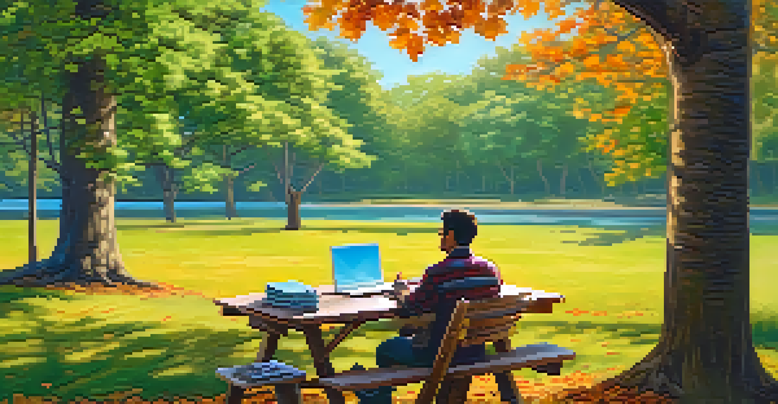 A person working on a laptop at a picnic table in a peaceful outdoor setting with trees and a blue sky around them.