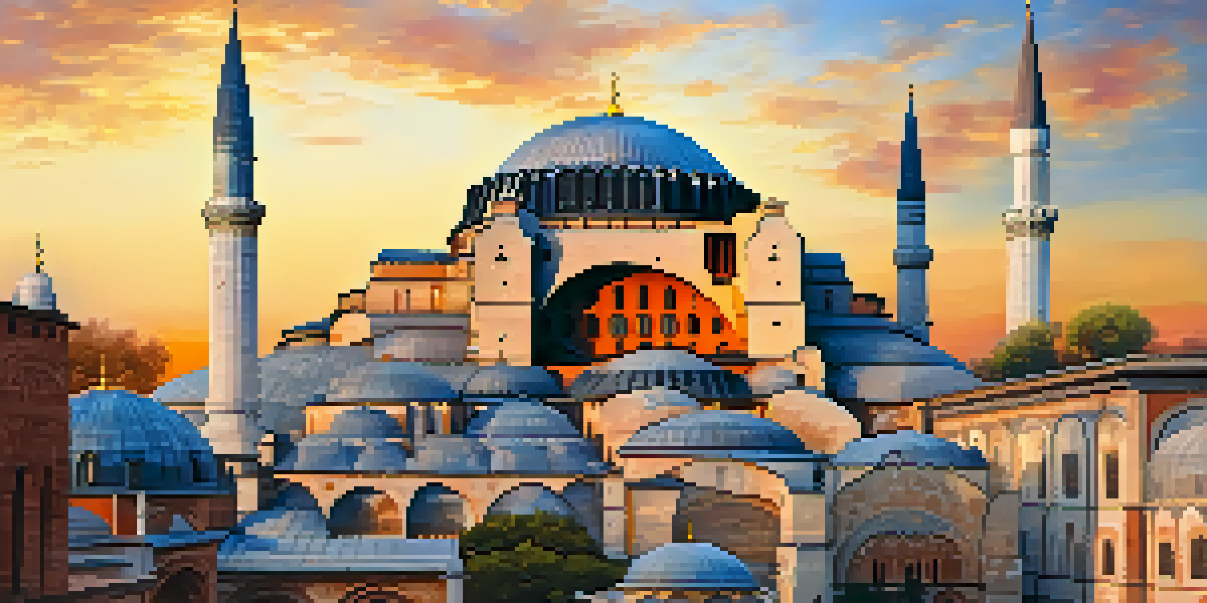 A panoramic view of the Hagia Sophia at sunset with people admiring its architecture.