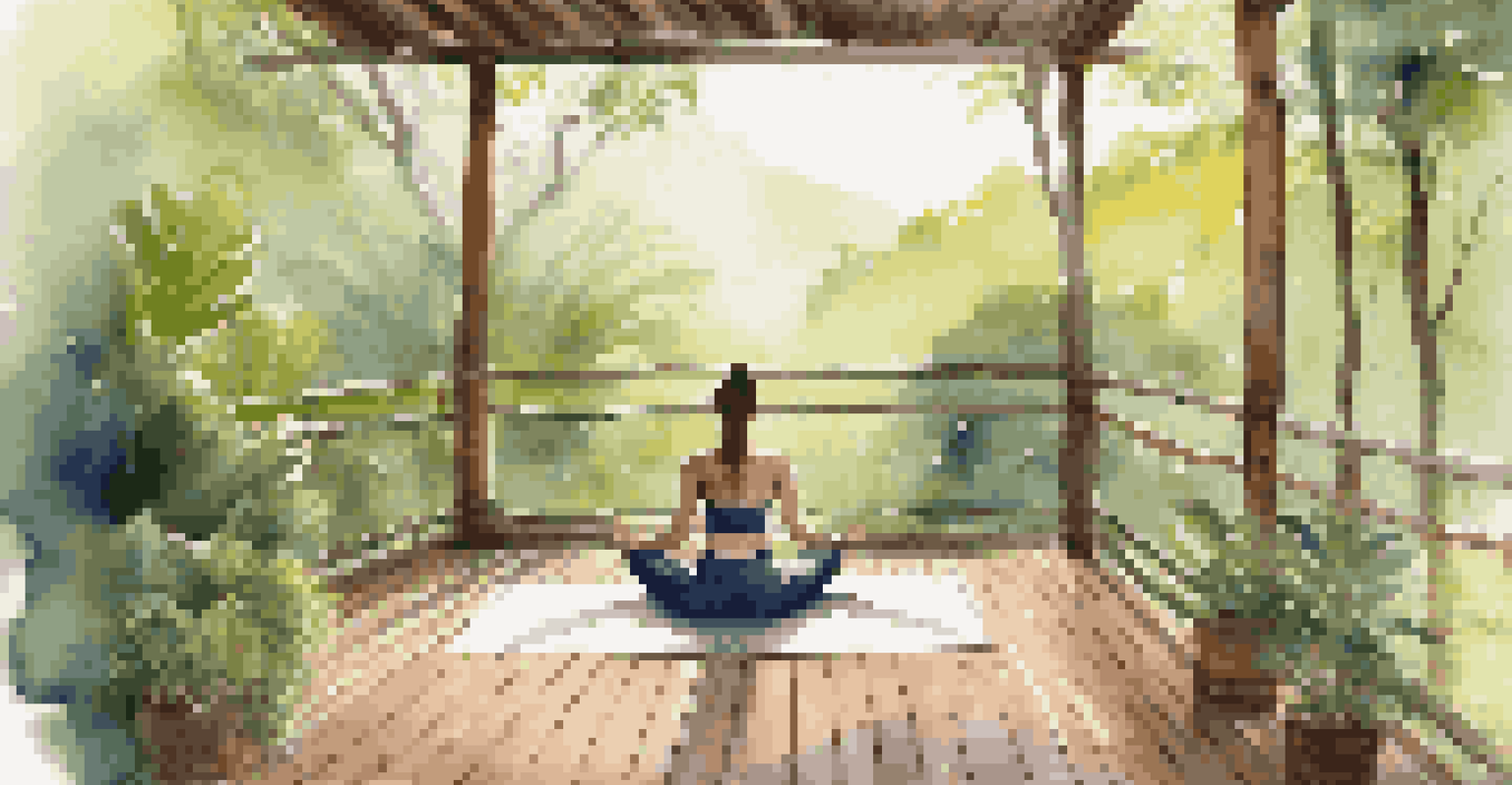 A digital nomad practicing yoga on a deck in Costa Rica, surrounded by lush greenery and soft sunlight, embodying relaxation and mindfulness.