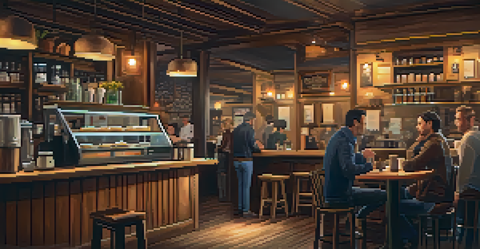 An inviting coffee shop with wooden furniture and warm lighting, showing people enjoying their drinks.