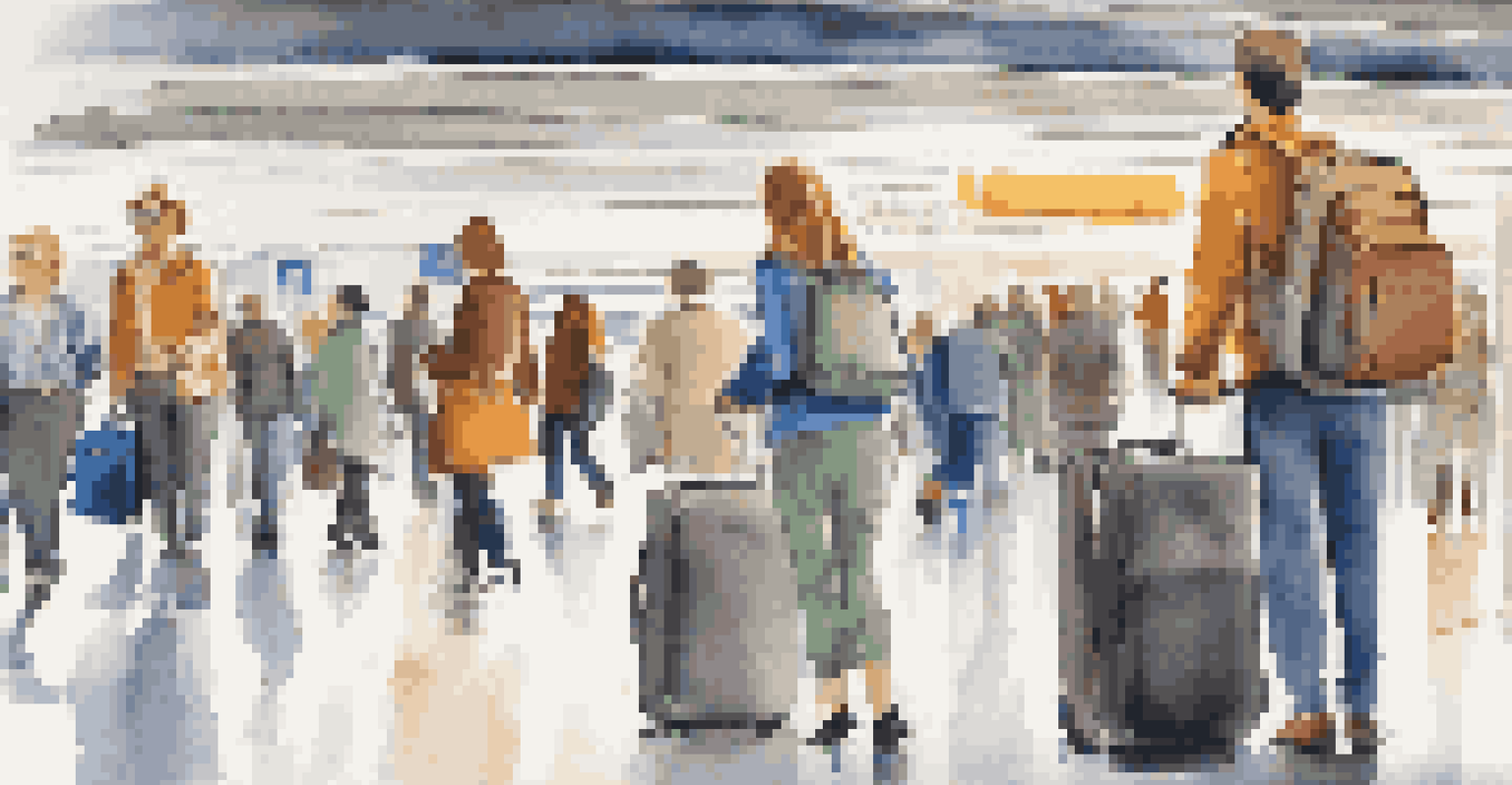 A young traveler using a smart suitcase equipped with GPS tracking at a busy airport, with colorful departure boards in the background.