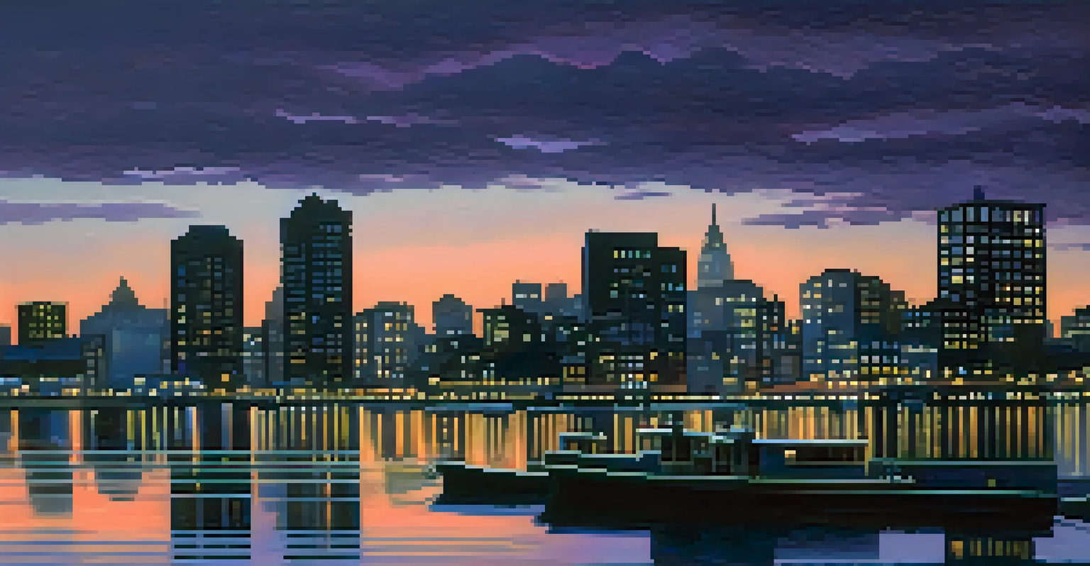 A peaceful waterfront view at blue hour, showcasing city silhouettes and reflections in the water.