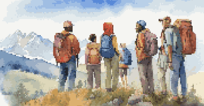 A diverse group of travelers enjoying the view from a hilltop, showcasing their camaraderie and sense of adventure.
