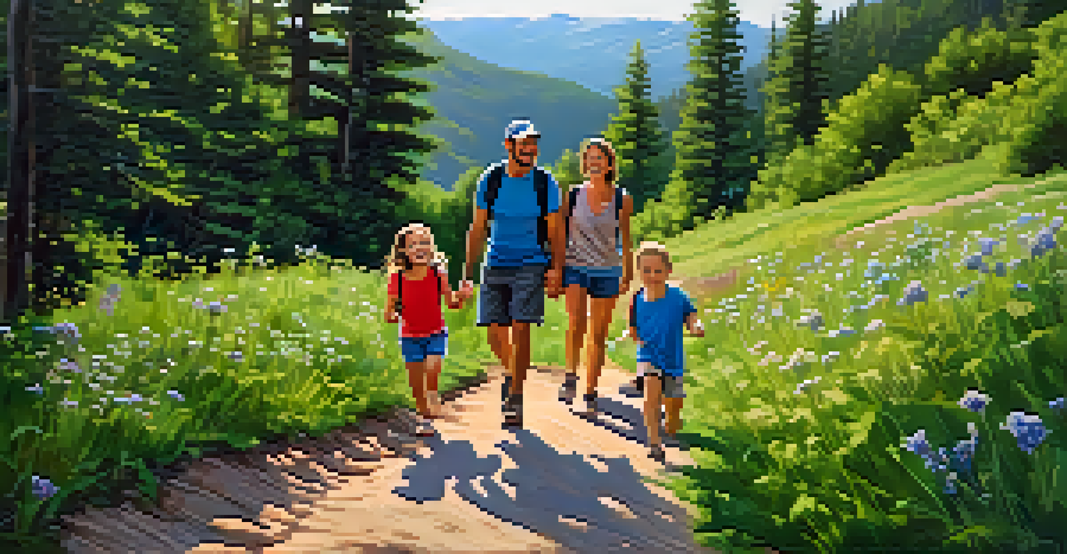A family hiking on a beautiful trail, surrounded by greenery and flowers, enjoying their outdoor adventure.
