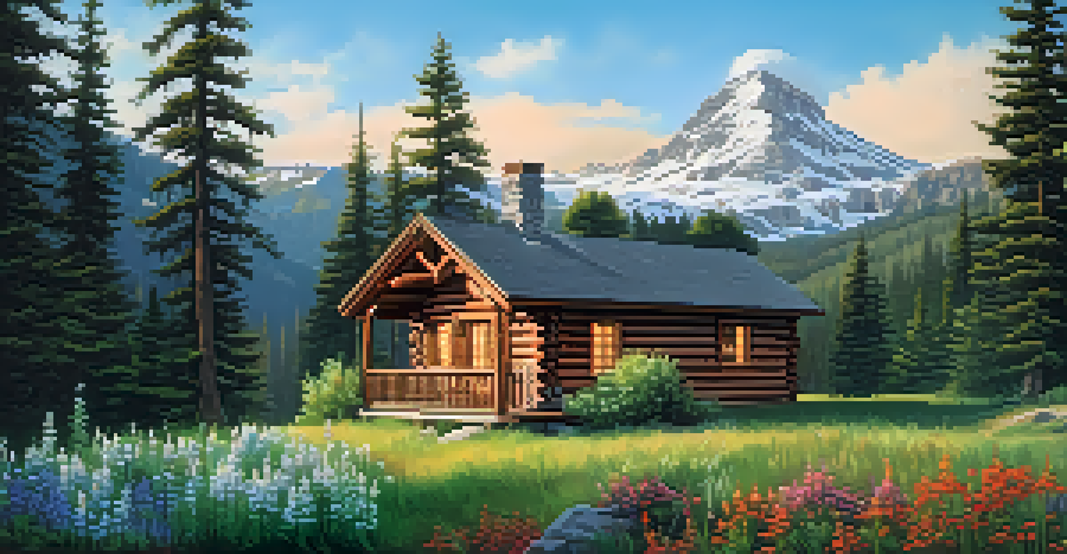 A charming cabin in the mountains with pine trees and wildflowers, under a blue sky with snow-capped mountains in the distance.