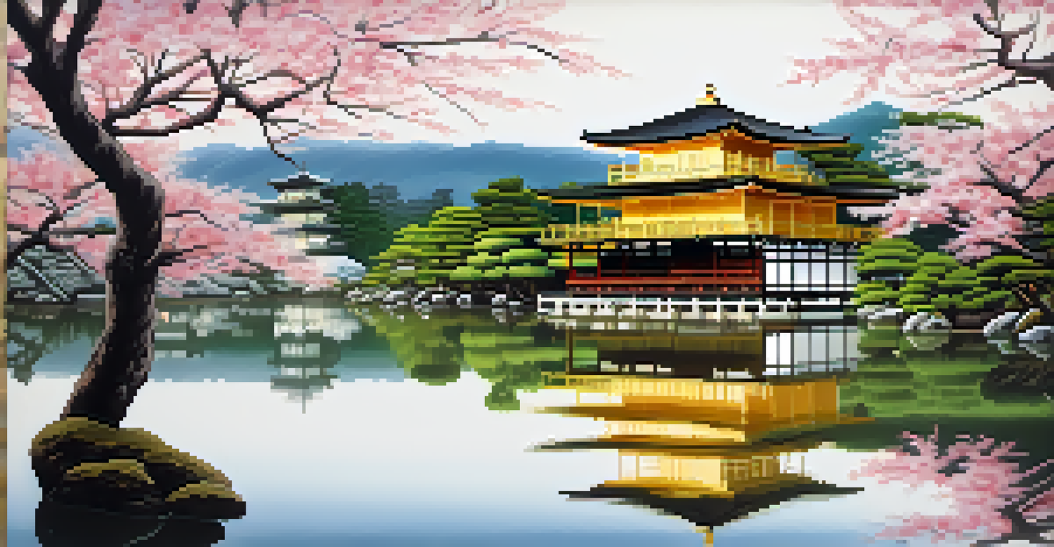 Kinkaku-ji reflected in a pond surrounded by cherry blossoms in Kyoto, Japan, capturing a peaceful and picturesque scene.