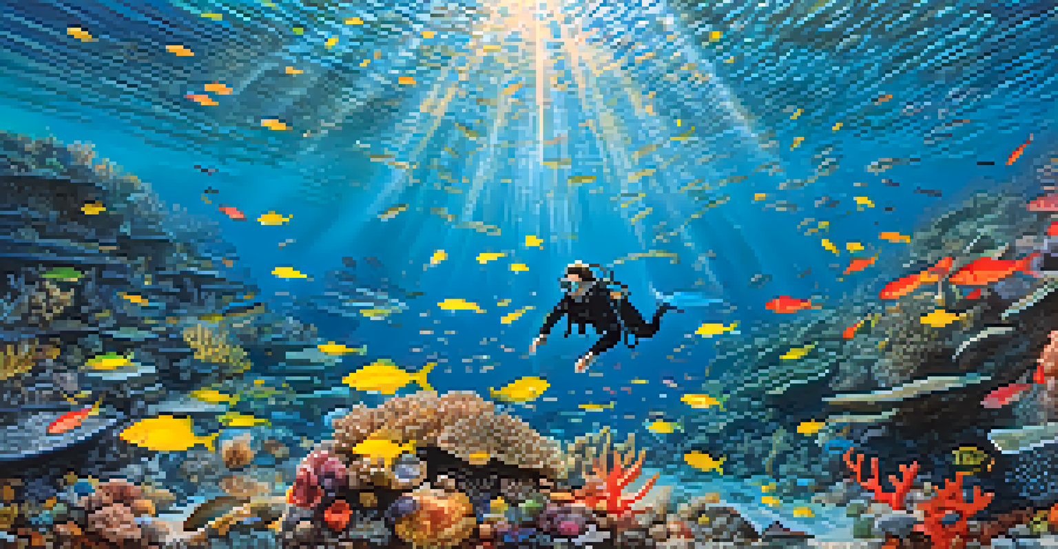 A diver cleaning plastic waste near a colorful coral reef, with fish swimming around and sunlight filtering through the water.