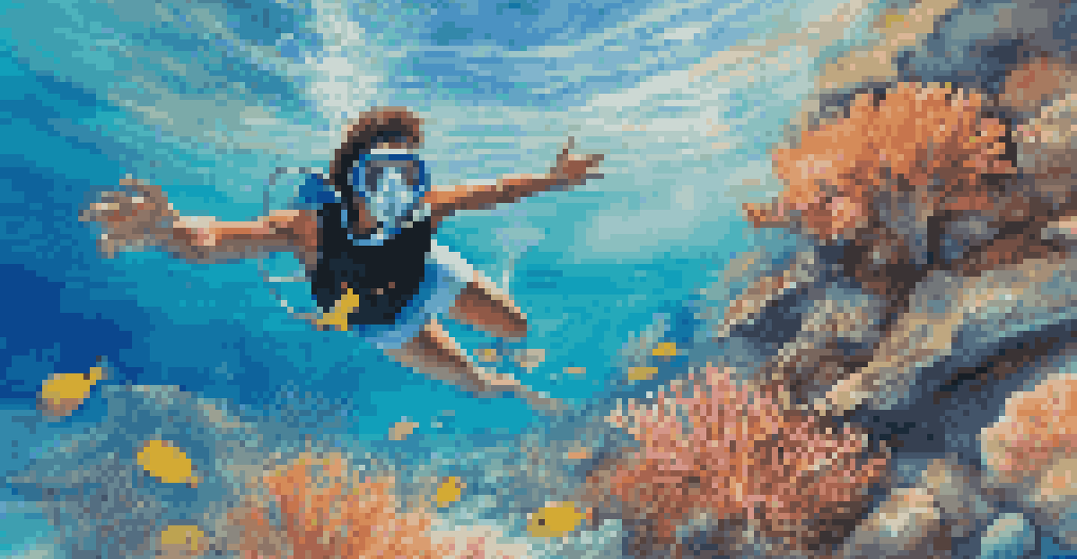 A snorkeler exploring vibrant coral reefs and marine life in clear blue water.