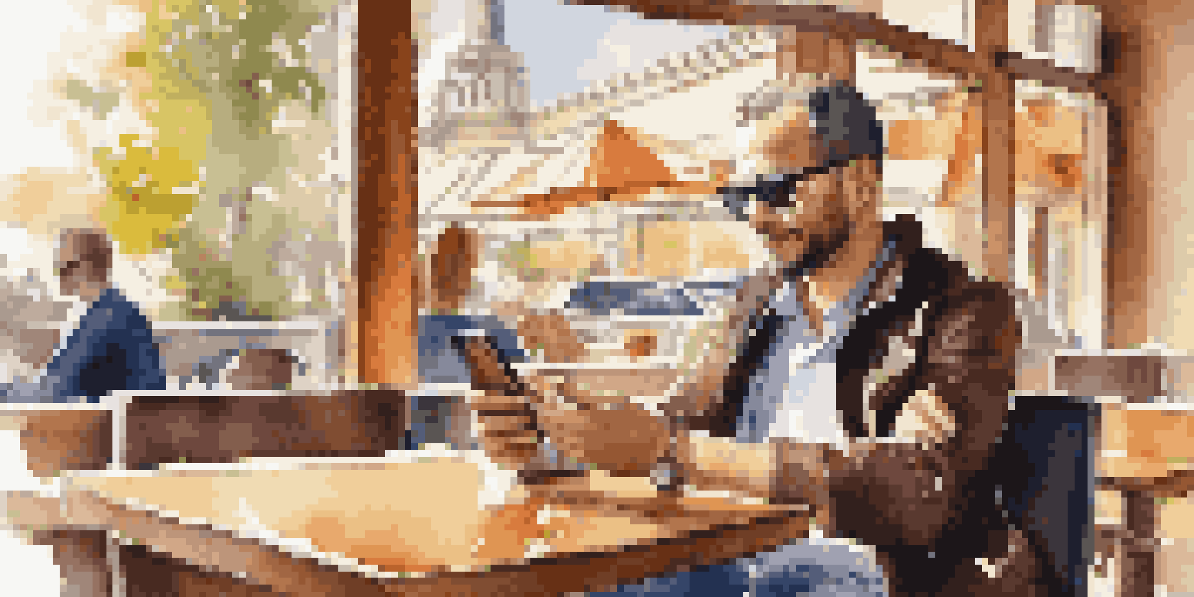 A traveler at a café using a smartphone to buy travel insurance, surrounded by warm sunlight and wooden furniture.