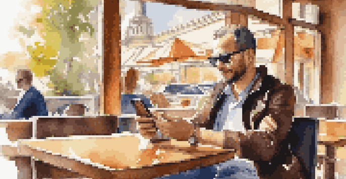 A traveler at a café using a smartphone to buy travel insurance, surrounded by warm sunlight and wooden furniture.