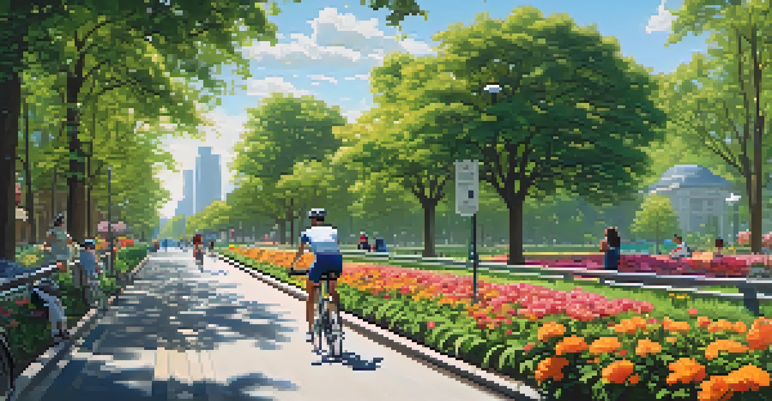 A joyful cyclist riding in a green park with flowers and trees, surrounded by other people enjoying the outdoors.
