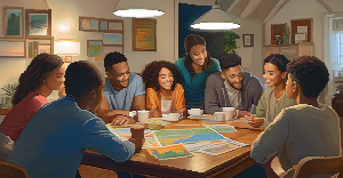 A family gathered around a table, discussing travel plans with maps and brochures.