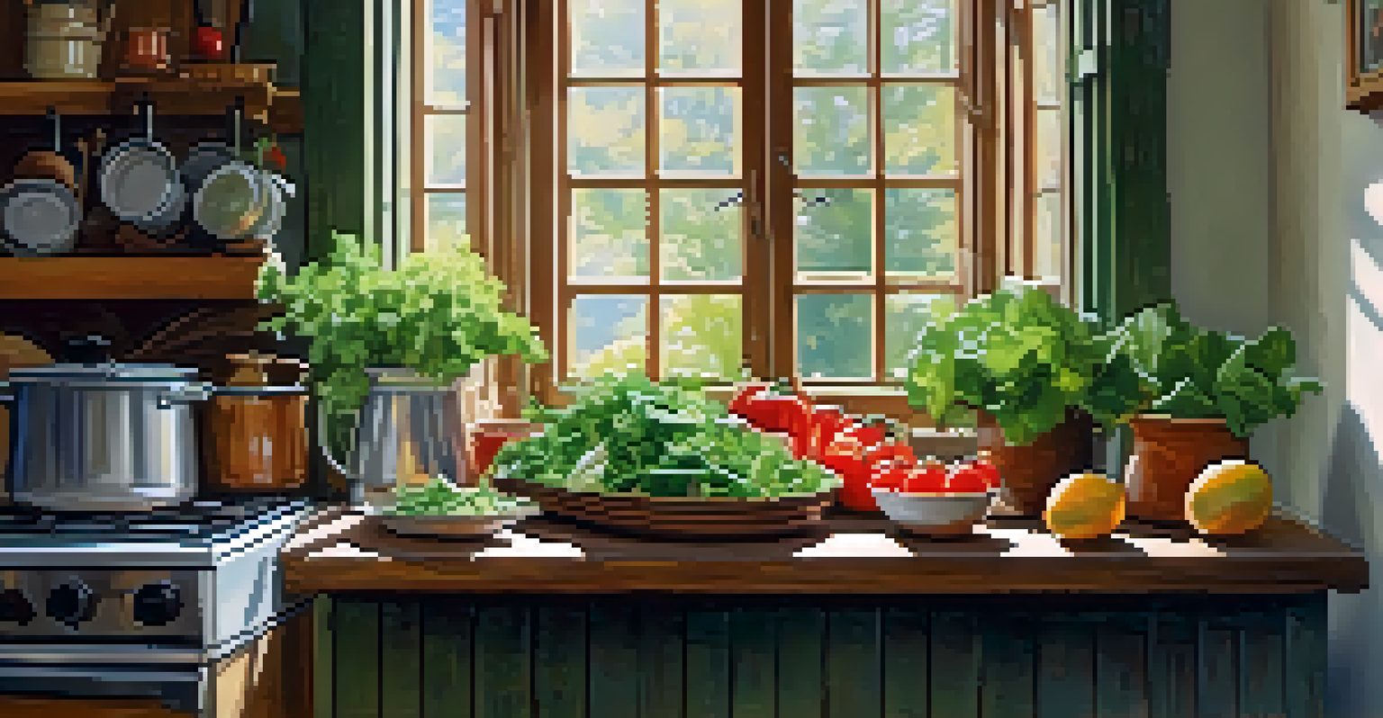 A rustic kitchen with a bowl of fresh salad made from local vegetables on a wooden table.