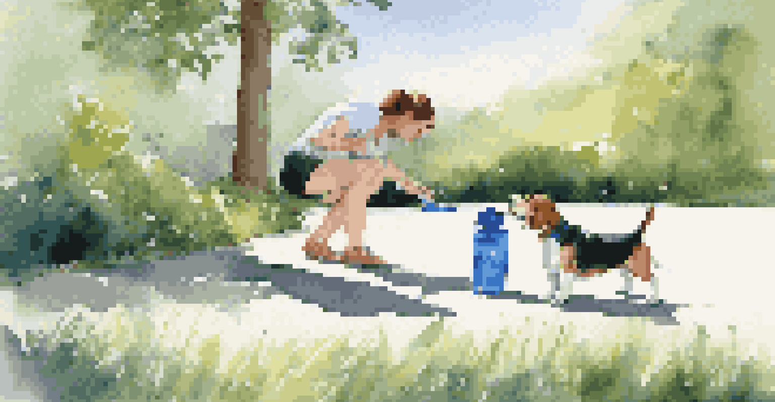 A pet owner pouring water into a collapsible bowl for an excited beagle at a rest stop, surrounded by lush greenery.