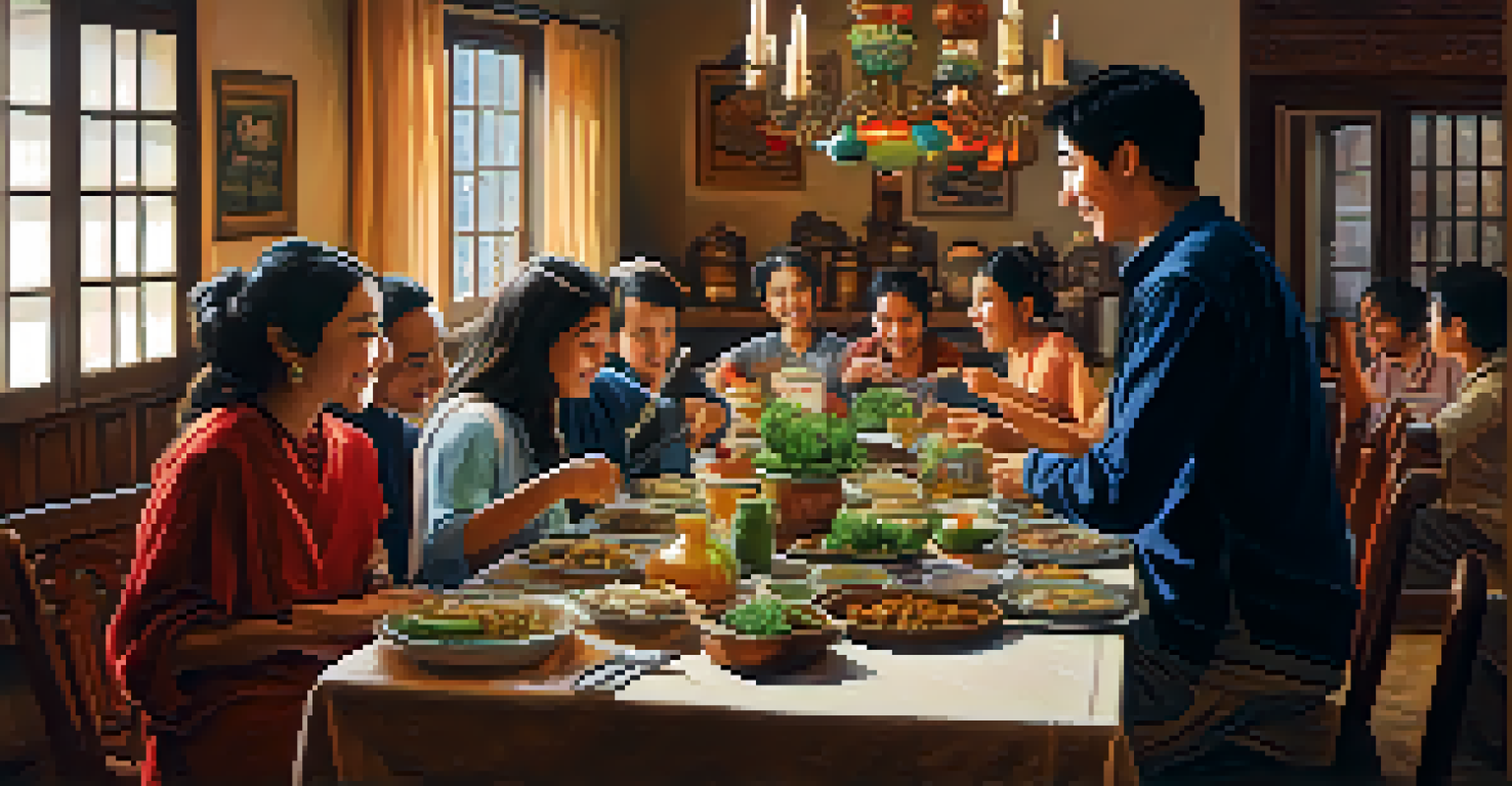 A host family and exchange student enjoying a meal together in a warmly lit room.