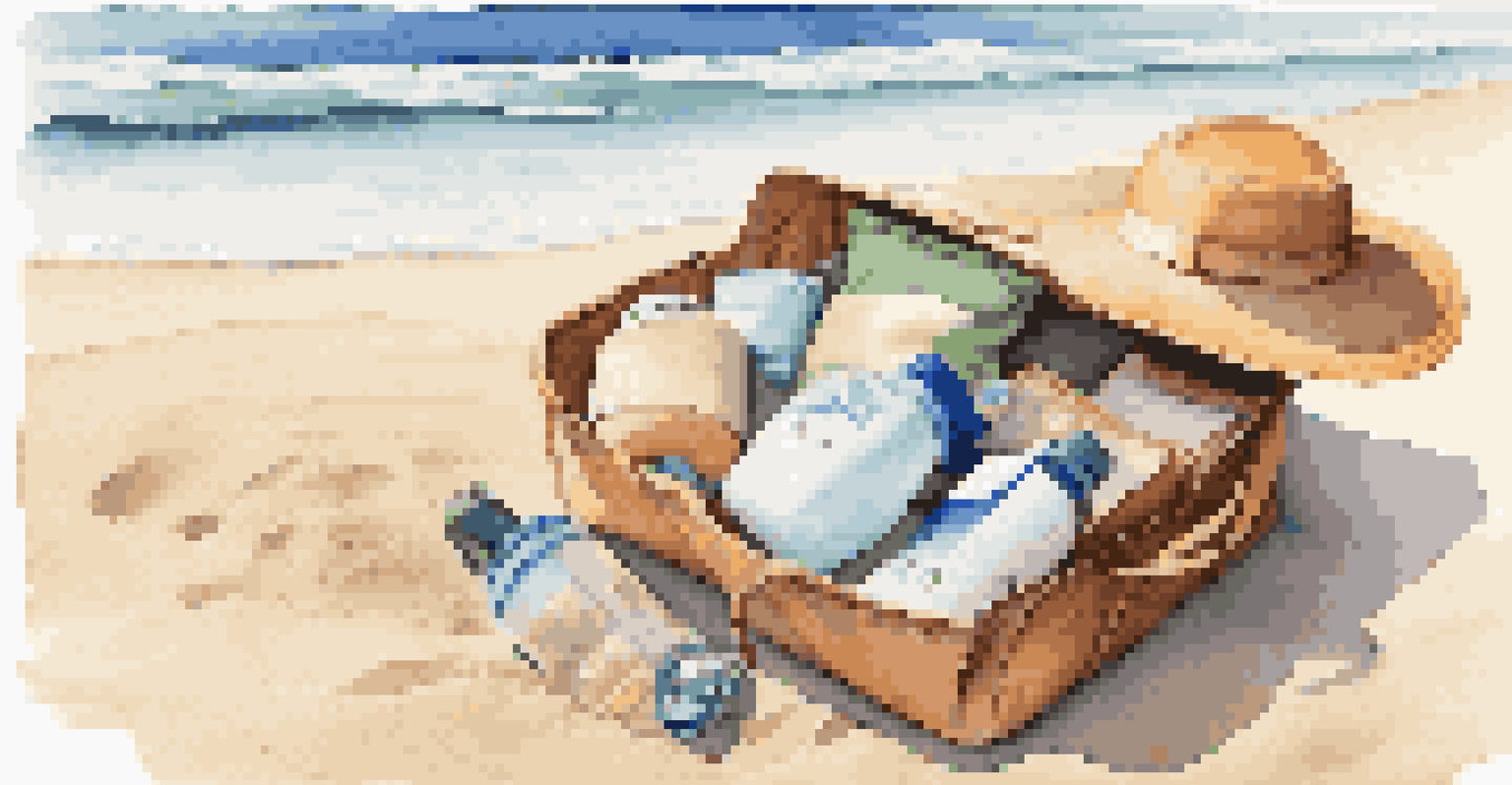 An open beach bag on the sand, displaying packed items like sunscreen and a water bottle, with ocean waves in the background.