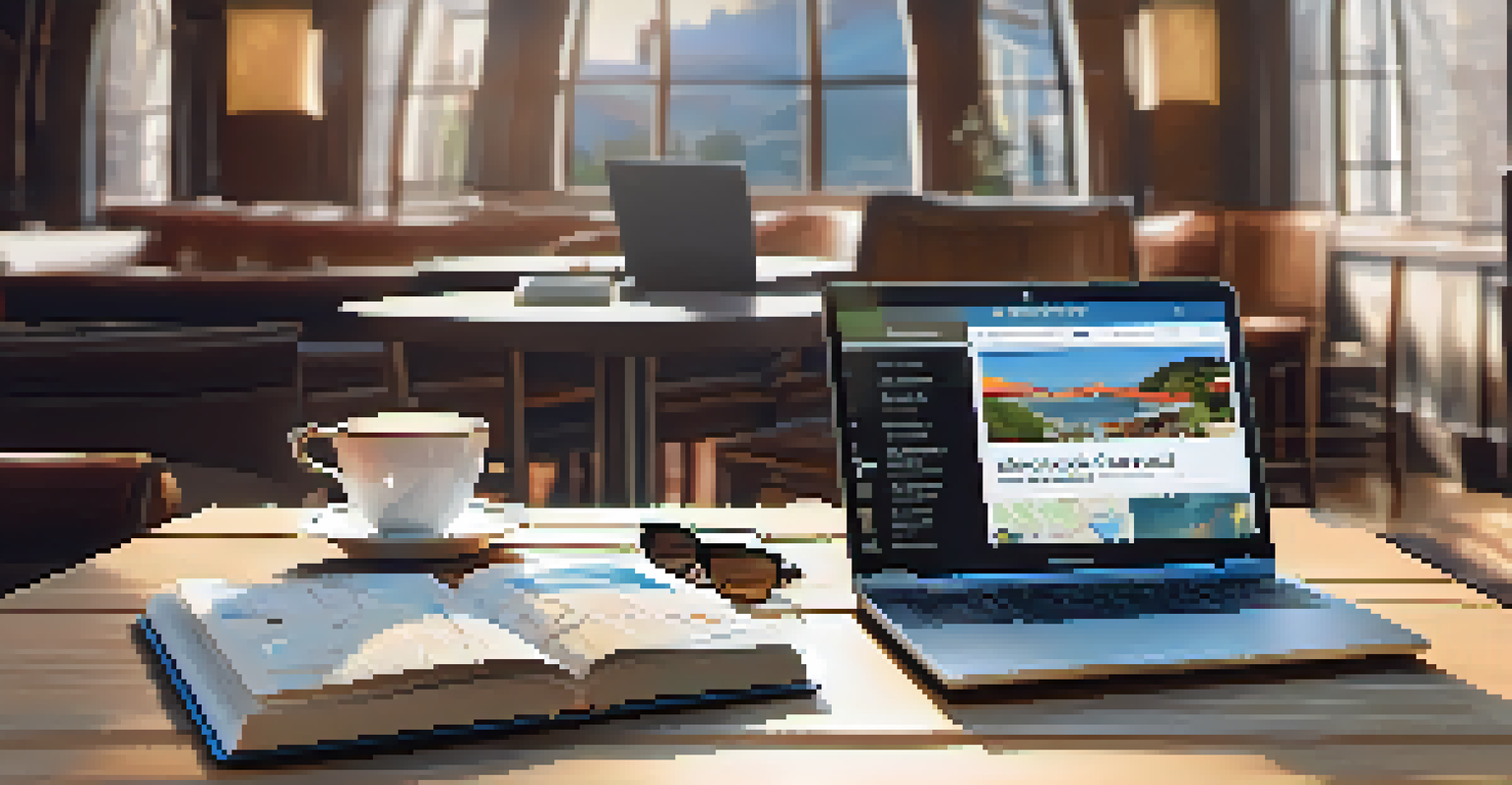 A laptop on a table showing hotel booking deals, accompanied by a coffee cup and travel items like a guidebook and camera.