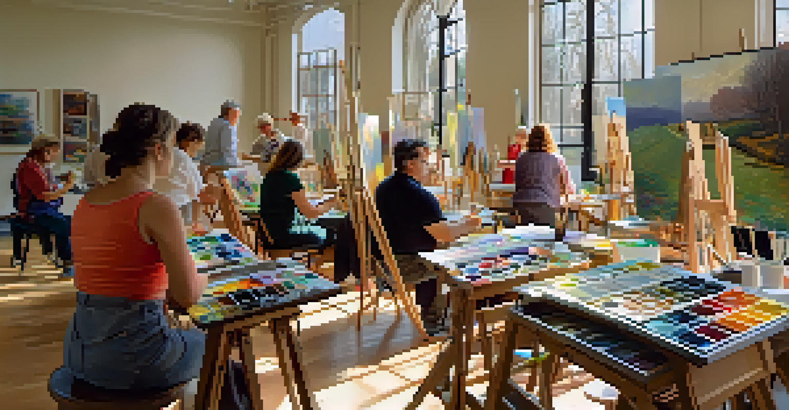A painting workshop with participants at easels, engaged in creating art with colorful palettes, guided by an instructor.