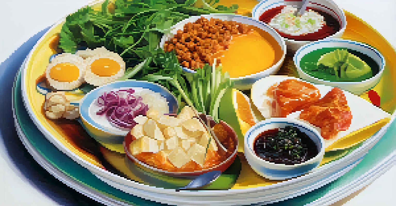 A colorful plate of local cuisines with small portions for kids, beautifully presented under soft natural light.