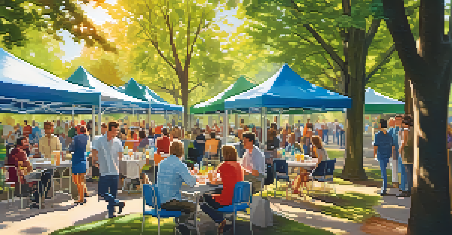 A lively outdoor networking event in a park, with diverse individuals conversing and enjoying refreshments under the trees.
