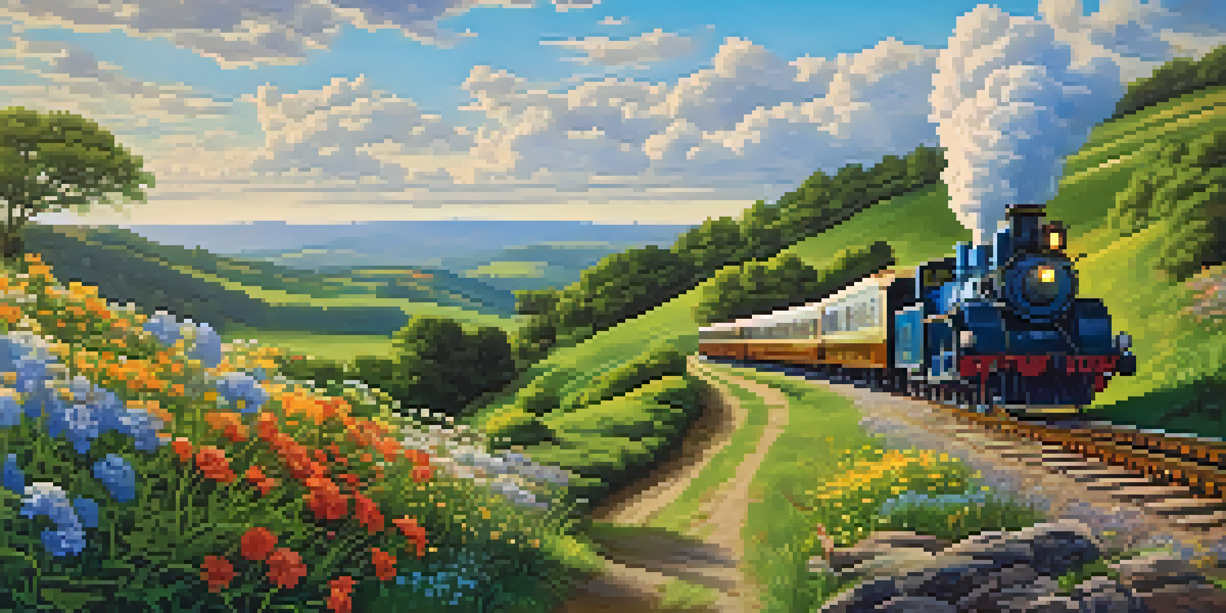A vintage train traveling on a winding track through vibrant green hills under a blue sky with fluffy clouds and colorful wildflowers in the foreground.
