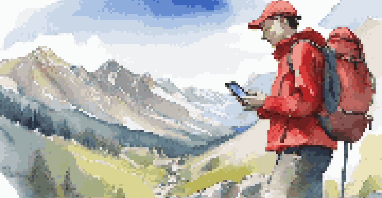 A hiker in a red jacket using a navigation app against a stunning mountain backdrop, with a clear blue sky.