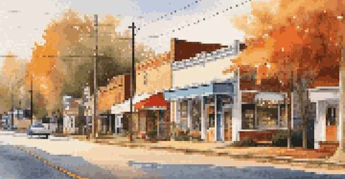 A small-town street in Hawkins, Georgia, with vintage 1980s storefronts and autumn leaves under a sunset sky.