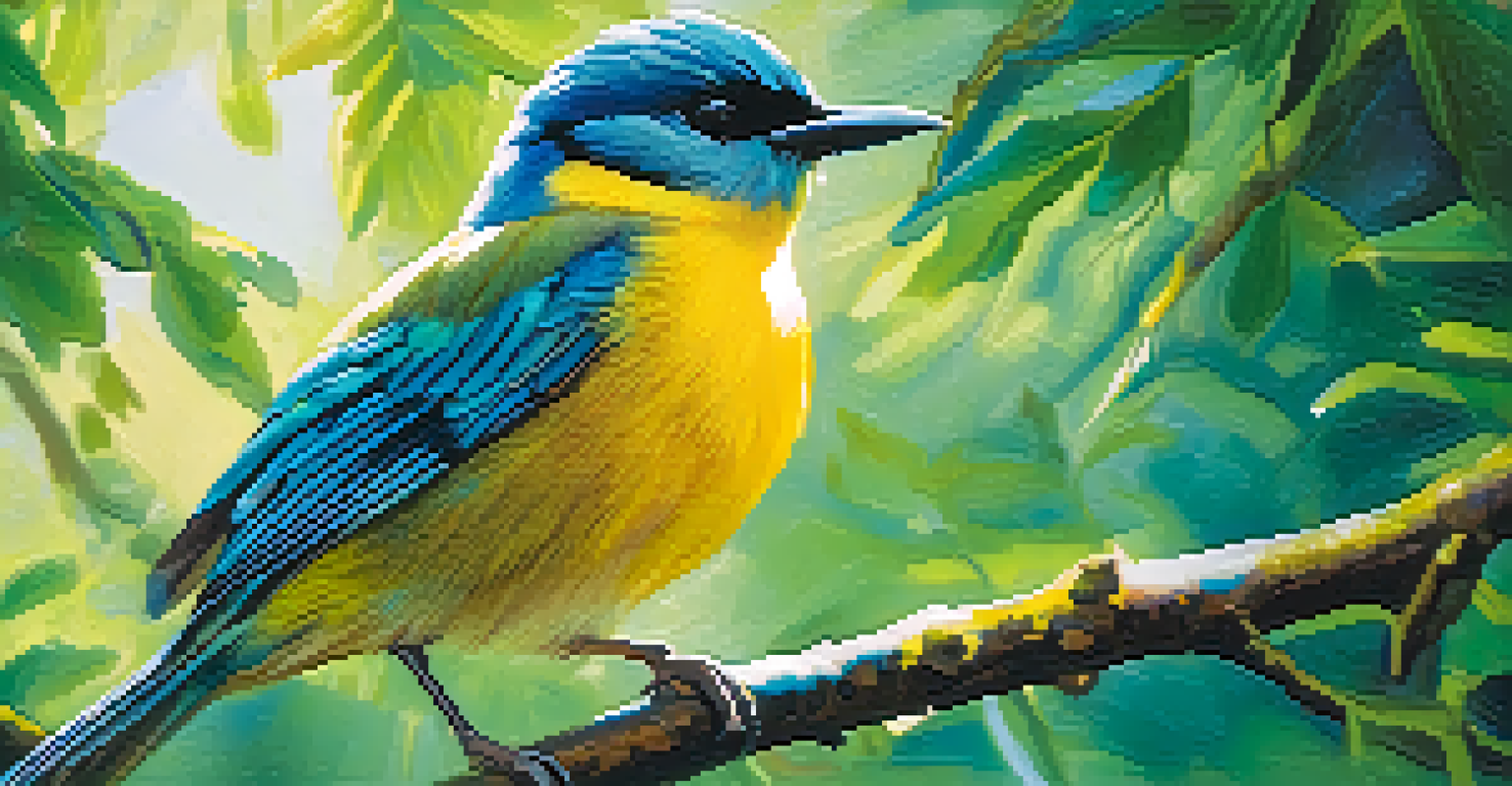 A colorful bird sitting on a branch in a green forest, with sunlight filtering through the leaves.